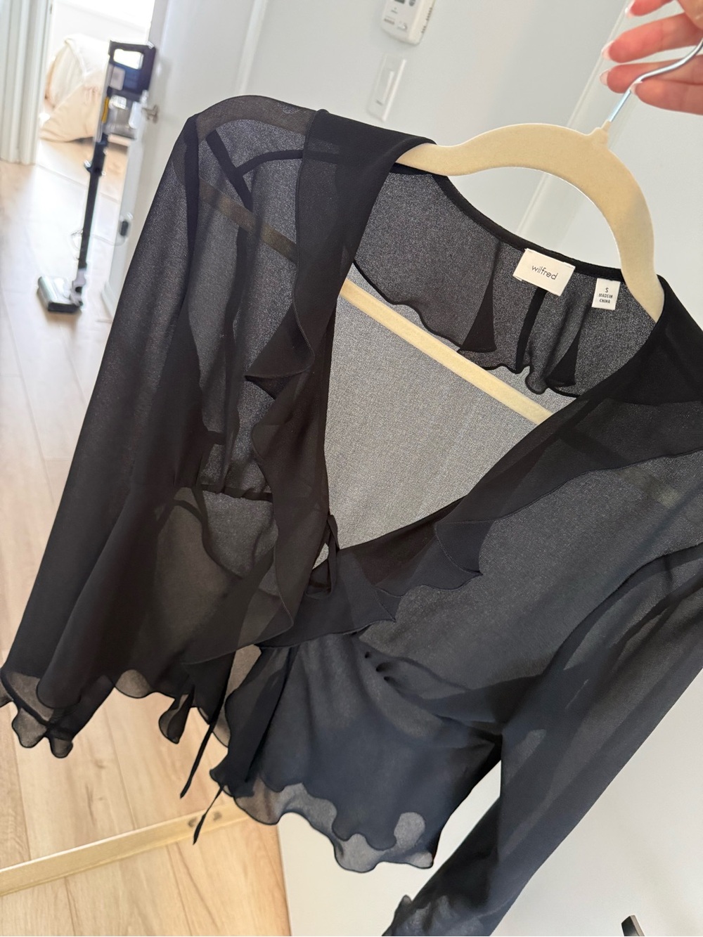 Aritzia Wilfred Black Sheer Ruffle Tie-Front Blouse
